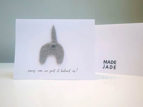 Handmade Punny Apology Card: sorry can we put it BEHIND us
